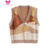 YUNWUXIN抽象花针织背心女秋季2022年气质复古宽松套头马甲无袖坎肩马夹女