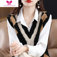 YUNWUXINV领撞色提花马甲背心女2022新款无袖毛衣套头宽松针织衫坎肩毛针织衫