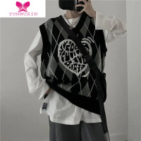 YUNWUXIN学院风V领复古菱形拼色针织背心马甲女百搭宽松坎肩外搭毛衣马夹