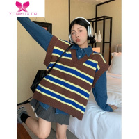 YUNWUXIN少女甜良~牛仔衬衫条纹针织马甲V领叠穿宽松慵懒风无袖上衣