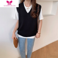 YUNWUXIN2022复古黑色v领针织毛衣马甲女款韩版宽松坎肩背心外搭马夹