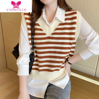 YUNWUXIN女士马甲2022新款毛衣背心女外搭宽松慵懒风条纹v领针织马夹