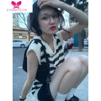 YUNWUXIN 早秋日系慵懒风条纹无袖坎肩外搭叠穿镂空马甲针织背心女毛针织衫