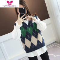 YUNWUXINv领针织马甲女外搭新款2022女士菱格毛衣背心衬衫两件套