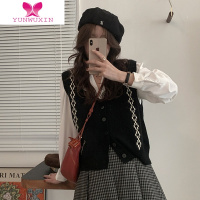 YUNWUXIN学院风拼色V领针织开衫马甲外套女韩版宽松无袖毛衣背心外穿毛针织衫