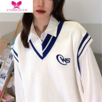 YUNWUXIN盐系甜酷学院风复古设计感小众宽松韩版针织马甲背心女衬衫