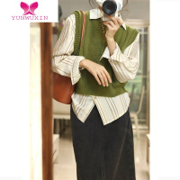 YUNWUXIN复古麻花绿色针织马甲女2022年新款衬衫搭配叠穿毛衣背心外搭