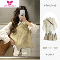 YUNWUXIN早秋针织马甲毛衣背心女日系慵懒风外搭衬衫百褶裙三件套装小个子