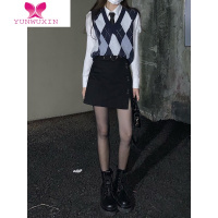 YUNWUXIN日系oversize画秋日部新生学妹菱格纹针织马甲女外搭毛衣背心上衣毛针织衫