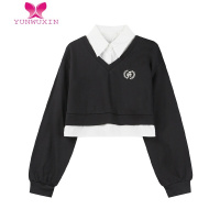 YUNWUXIN公主昕薇 翻领假两件卫衣女韩版宽松早秋薄款ins短款上衣外套