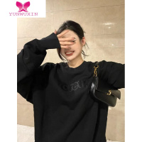 YUNWUXIN欧美风oversize街头黑色控圆领卫衣女秋季薄款宽松潮牌上衣情侣装