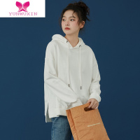 YUNWUXIN白色连帽卫衣女宽松2022新款前短后长下摆开叉秋季小个子纯色带帽