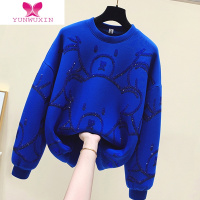 YUNWUXIN欧洲站2022早秋装新款重工烫钻蓝色卫衣女欧货宽松慵懒上衣潮