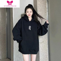 YUNWUXIN戴帽子卫衣2022新款女冬黑色中长款遮屁股宽松大码加绒外套厚