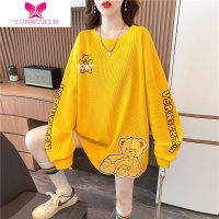 YUNWUXIN华夫格中长款小熊卫衣女秋装2022新款胖mm大码宽松遮屁股薄款上衣