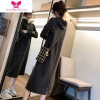 YUNWUXIN卫衣女2022新款薄款宽松大码中长款长袖连帽过膝打底连衣裙子