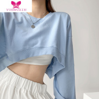 YUNWUXINBaby蓝宽松舞蹈露肚脐卫衣女泫雅风套头运动长袖上衣酷潮