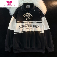 YUNWUXIN原创高街美式卫衣秋季女polo翻领oversize欧美正肩复古hiphop上衣