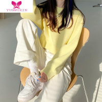 YUNWUXIN奶油黄短款卫衣少女高腰日系甜美温柔bm风鹅黄色长袖上衣