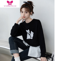 YUNWUXIN2022新款卡通猫咪卫衣女拼接假两件衬衫圆领套头上衣潮