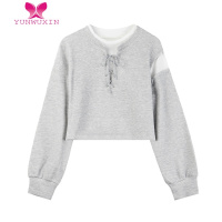 YUNWUXIN公主昕薇早秋美式复古假两件圆领卫衣女宽松休闲薄款长袖短款上衣