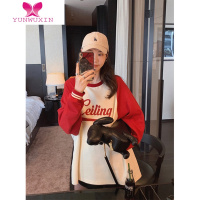 YUNWUXIN张贝贝ibell2022年新款复古撞色插肩袖上衣女中长款圆领长袖卫衣