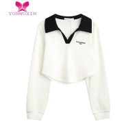 YUNWUXIN拾野森 秋装新款bm风纯欲甜辣短款弧形刺绣撞色V领长袖卫衣女上衣