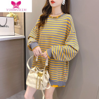 YUNWUXIN大码女装条纹长袖t恤胖mm宽松遮肚中长款加绒卫衣假两件T恤