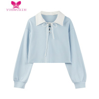 YUNWUXIN公主昕薇秋季撞色Polo翻领卫衣2022新款女薄款宽松短款色上衣外套