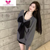 YUNWUXIN灰色V领蝴蝶结卫衣女装早秋季2022新款韩系学院风设计感长袖上衣