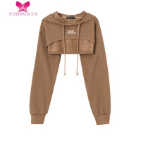 YUNWUXIN林小花 美式复古咖色短款连帽卫衣罩衫背心两件套女跳舞ins短上衣