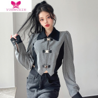 YUNWUXIN 宫廷风泡泡袖翻领金属书包扣上衣女撞色拼接短款卫衣外套