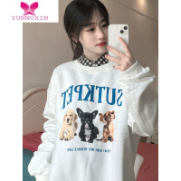 YUNWUXIN国潮牌美式复古小狗印花宽松圆领卫衣女设计感小众ins情侣装