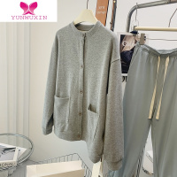 YUNWUXIN灰色圆领扣子开衫卫衣2022新款女宽松休闲慵懒风棒球服外套