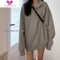 YUNWUXIN干净大男孩~灰色纯色卫衣女秋立领宽松大版男友风长袖上衣