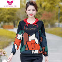 YUNWUXIN妈妈秋季新款长袖连帽拼色印花卫衣中年女时尚大码减龄T恤女上衣