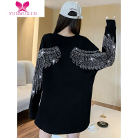YUNWUXIN大翅膀卫衣女2022早秋新款圆领后背重工烫钻宽松中长款网红上衣潮