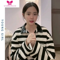YUNWUXIN古力娜扎欧阳娜娜同款polo领女卫衣洋气条纹长袖港味复古chic上衣