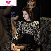 YUNWUXINW花花家Alice [打字机卫衣]黑白格子字母提花直角肩针织卫衣女