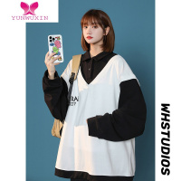 YUNWUXIN假两件v领卫衣女oversize设计感小众Polo领别致奶蓝小衫上衣