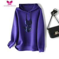 YUNWUXIN一眼就会爱上!漂亮紫色连帽卫衣亮片小猫图减龄女上衣2022春新款