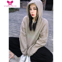 YUNWUXINHIPA单品店灰色连帽卫衣女2022冬宽松加绒欧美oversize外套潮
