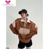 YUNWUXIN废柴ins复古美式设计感情侣上衣宽松重工刺绣polo领卫衣女潮