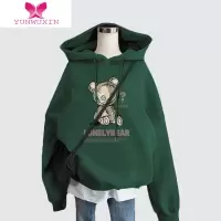 YUNWUXIN山东青岛即墨卫衣女连帽秋季薄款2022新款加绒加厚墨绿色宽松外套