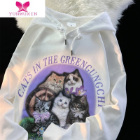 YUNWUXINvintage美式复古猫咪情侣卫衣女款ins宽松慵懒风oversize外套