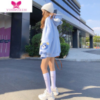 YUNWUXIN奶蓝色加绒卫衣女冬2022年新款宽松毛巾绣小熊慵懒风连帽加厚上衣