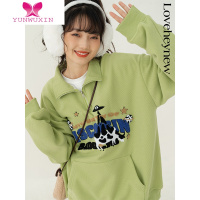 YUNWUXINLOVEHEY华夫格翻领卫衣女秋2022新款polo领牛油果绿小个子上衣