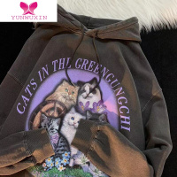 YUNWUXIN男孩And女孩 国潮甜酷风猫咪卡通印花连帽套头卫衣女街头宽松上衣