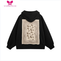 YUNWUXINjerfuni国潮腰果花图腾印花连帽卫衣外套女宽松情侣装拉链开衫