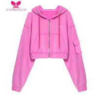 YUNWUXIN2022新款杨幂同款粉色长袖短款抽绳连帽卫衣女松紧腰开衫上衣外套